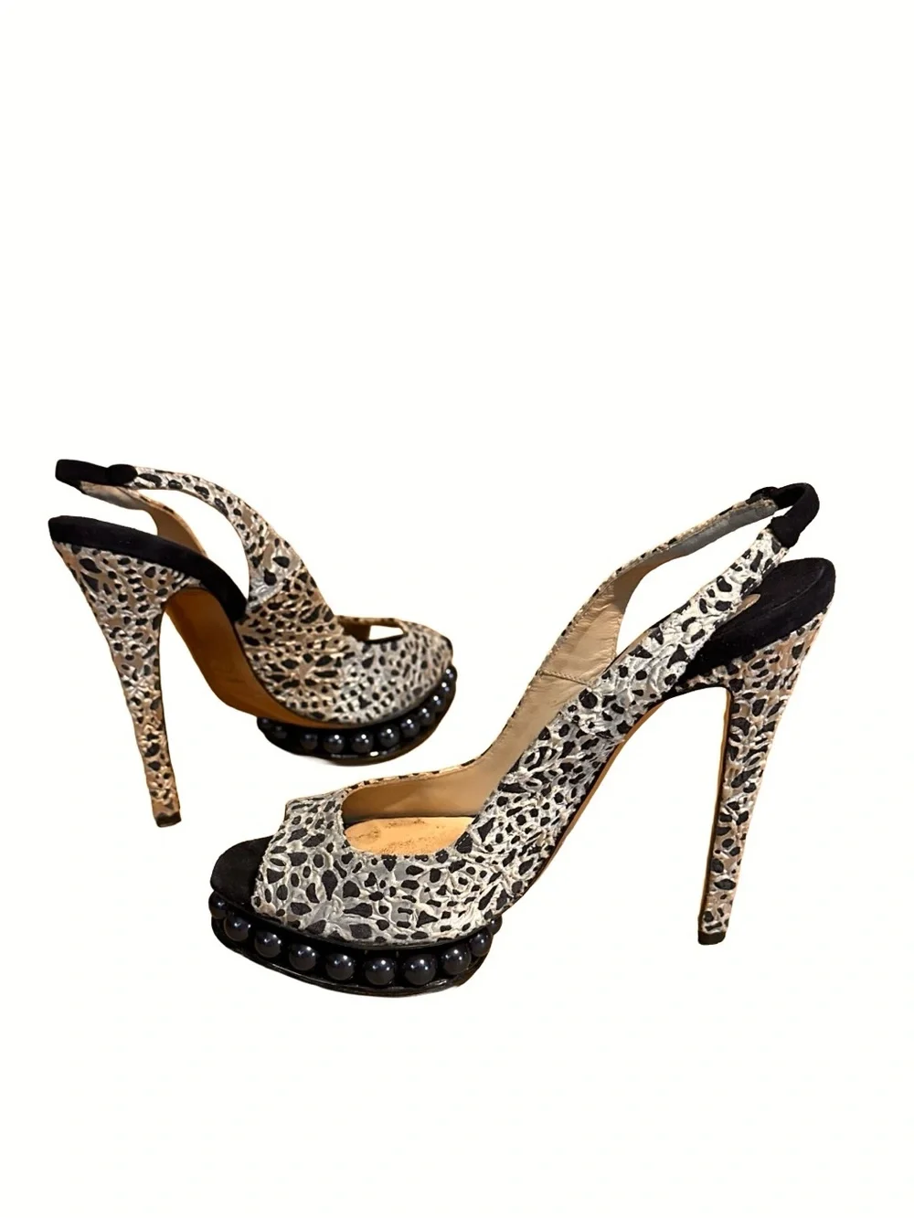 NICHOLAS KIRKWOOD BLACK & TAUPE ANIMAL PRINT SLINGBACK PLATFORM HEELS (36.5)